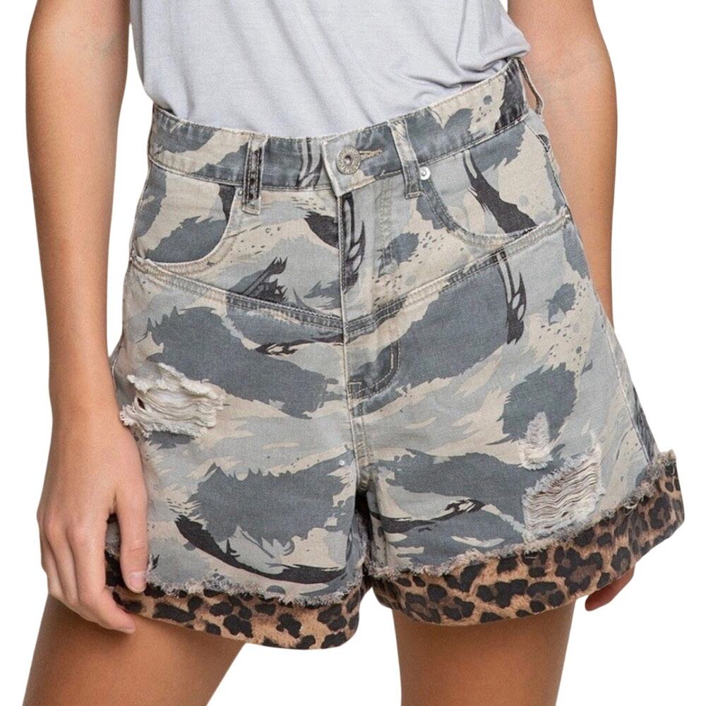 POL Camo Leopard Denim Shorts Size S Distressed Raw Hem Mixed Print Boho Shorts